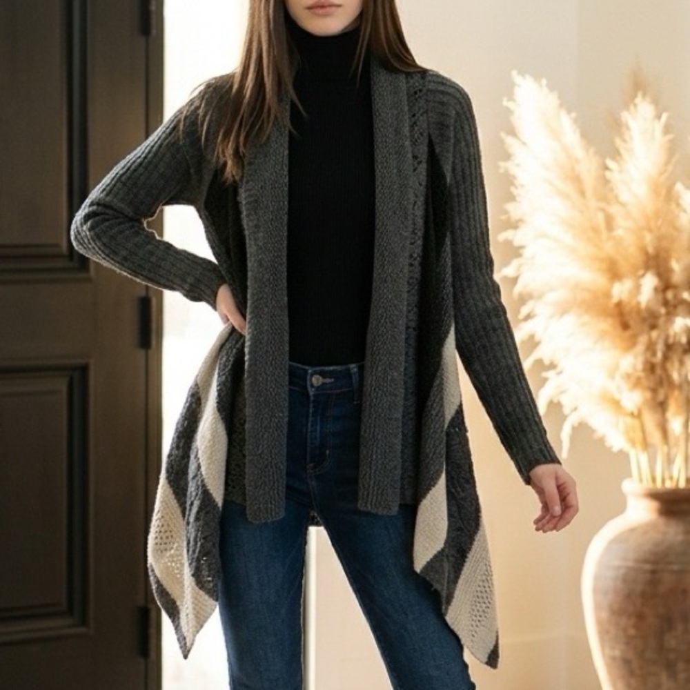 Smart Set Wool Blend Open Front Cardigan Colorblock Gray/Cream Size Petite Small